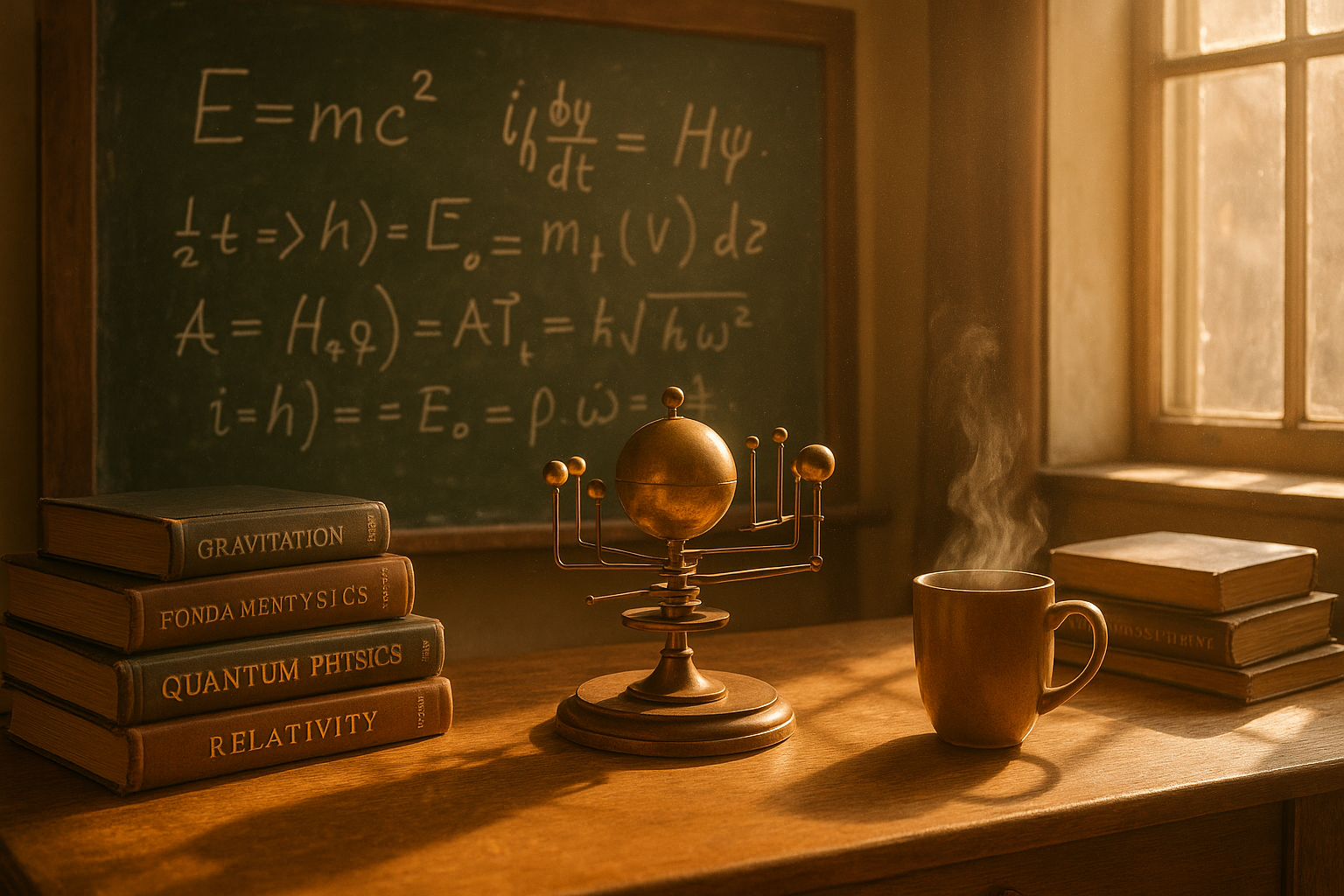 Schreibtisch eines Hobby-Physikers mit alter Tafel, Büchern und Kaffeetasse