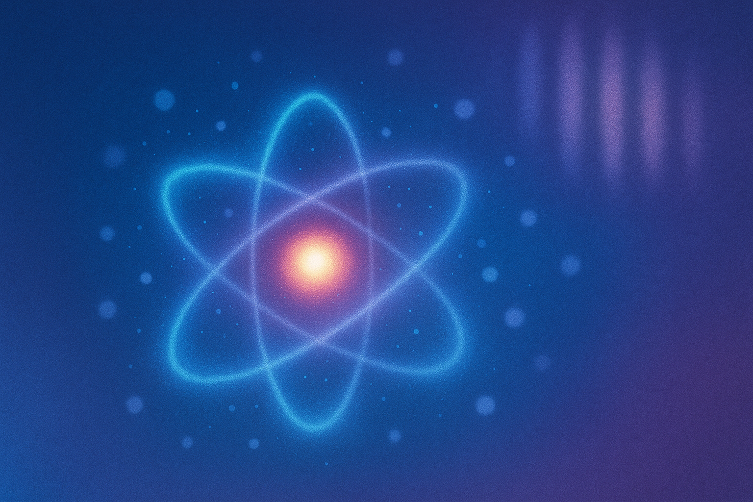 Künstlerische Darstellung einer Elektronenwolke um einen Atomkern, weicher Hintergrund in Blau und Violett