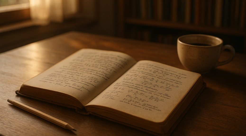 Aufgeschlagenes Notizbuch mit Physik-Notizen, Kaffee und Morgenlicht
