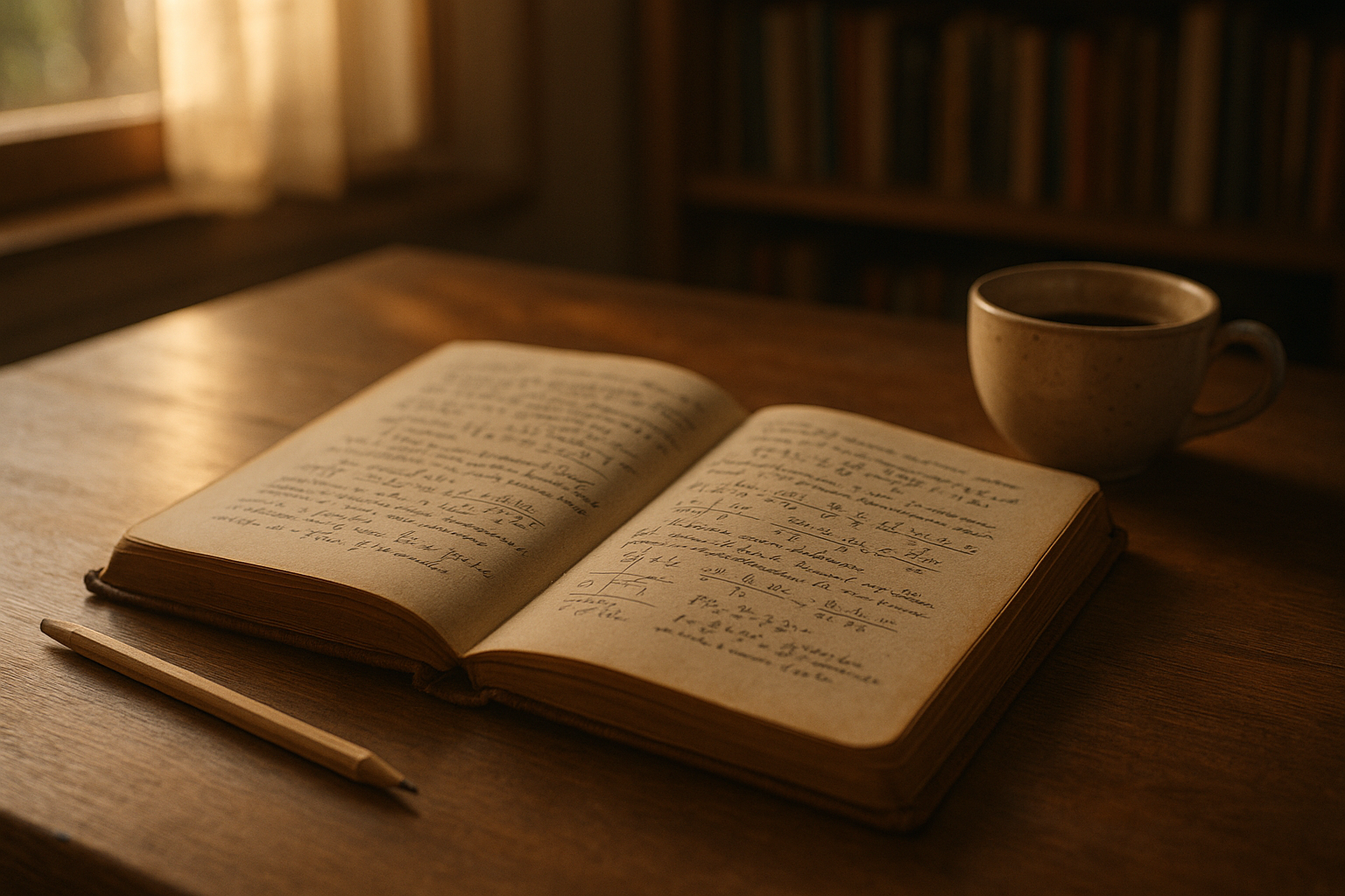 Aufgeschlagenes Notizbuch mit frischen Physik-Notizen, Kaffeetasse, Morgenlicht am Schreibtisch