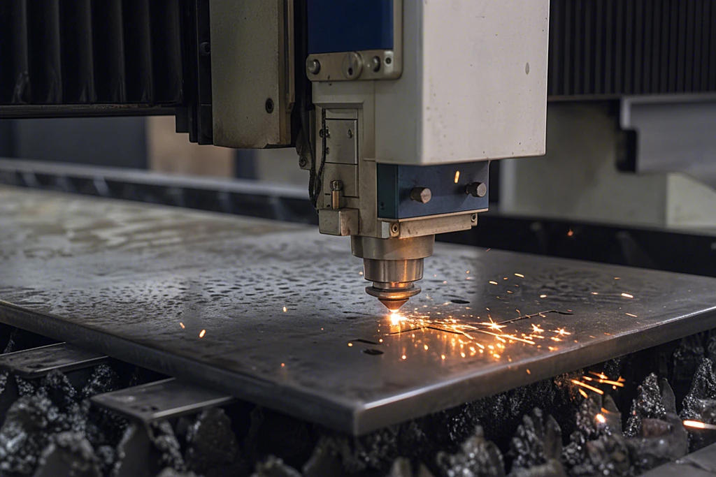 Industrieller Faserlaser schneidet eine Metallplatte mit Funkenflug
