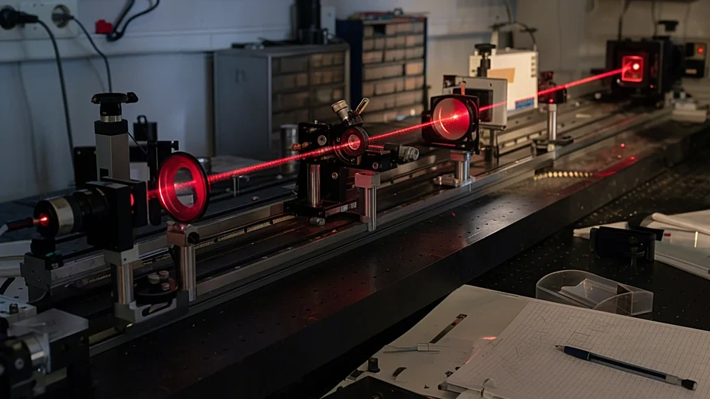 Roter Laserstrahl auf einer optischen Bank im Physiklabor