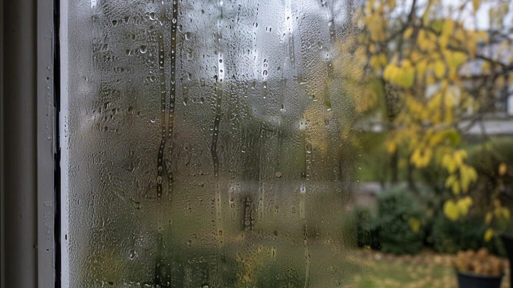Von innen beschlagene Fensterscheibe mit herablaufenden Wassertropfen vor einem herbstlichen Garten